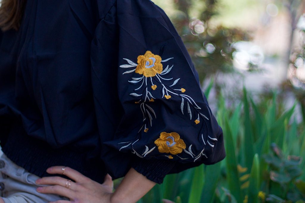 Shein floral embroidery lantern sleeve top