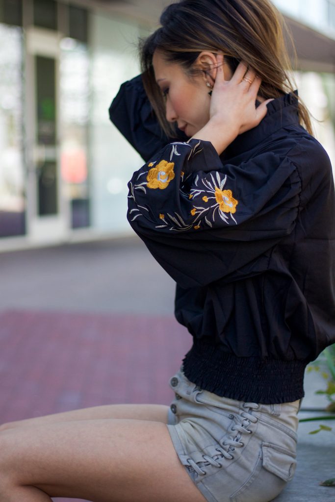 Shein floral embroidery lantern sleeve top