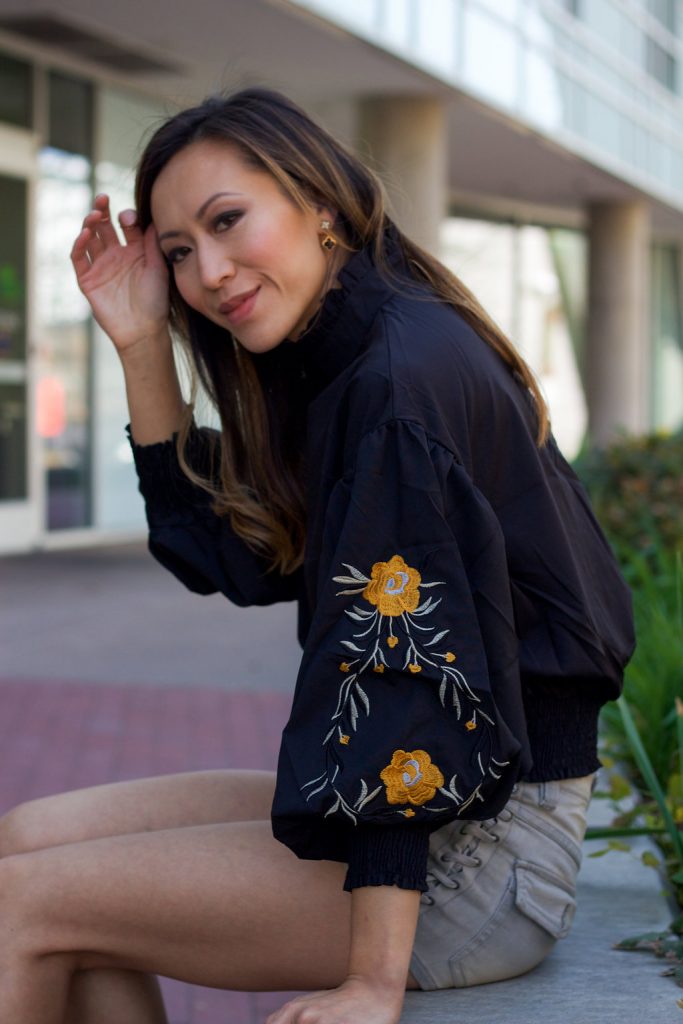 Shein floral embroidery lantern sleeve top